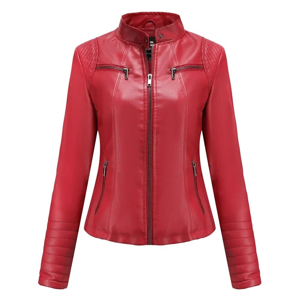 Faux Leather Jacket Women Moto Biker Zipper Jacket 2024 New Coat Brown Red Coffee Clothing Black
