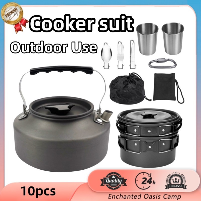 Camping Cookware Kit Outdoor Aluminum Cooking Set Pan Water Kettle ...