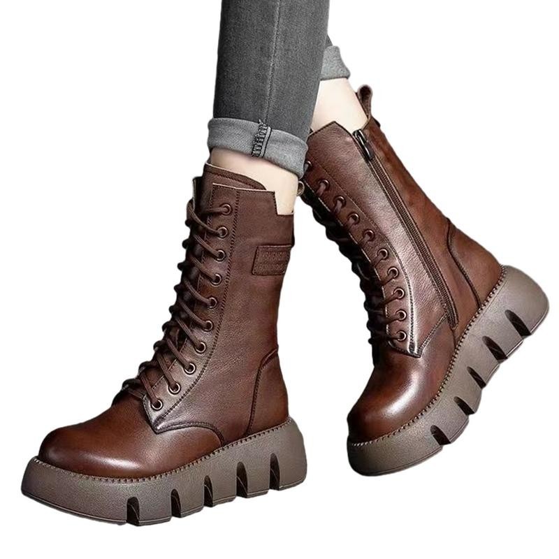 ☢MidCalf Fashion Boots Laceup Combat Boots With Side Zips Soft
