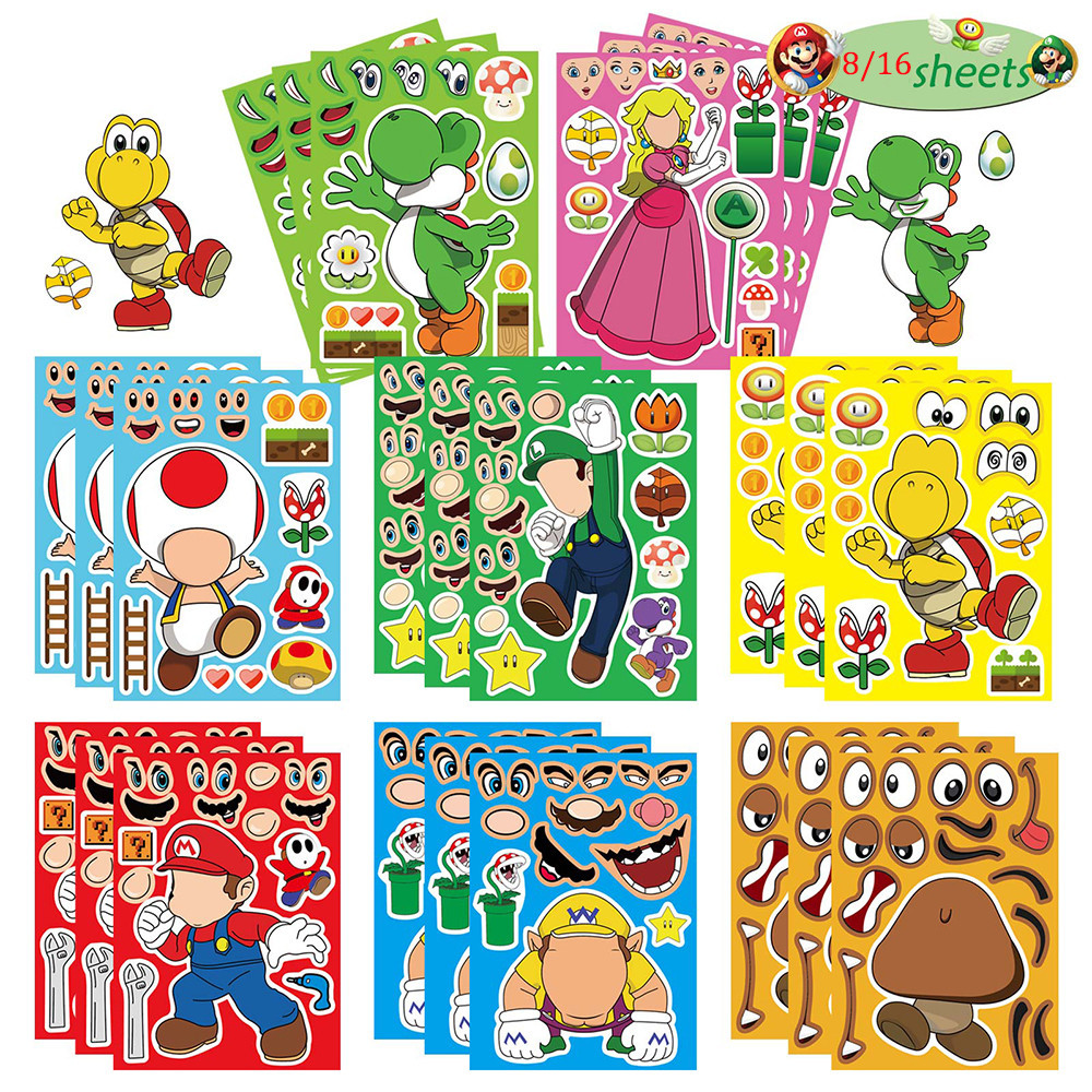 8/16sheets Cool Game Super Mario Bros Puzzle Stickers Kid Make a Face ...