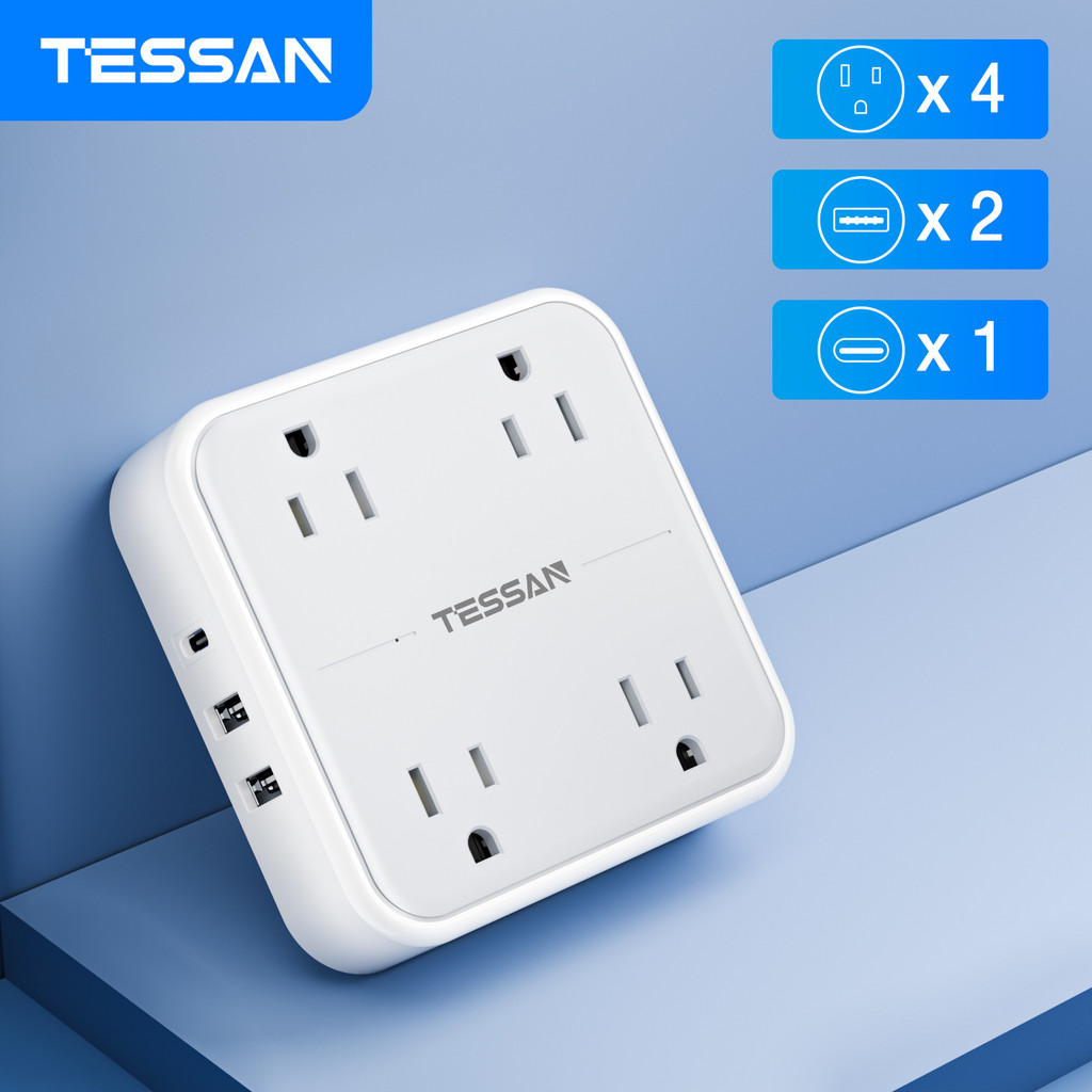 ღTESSAN 7 in 1 US Wall Socket Extender with 4 AC Outlets & 3 USB (1 USB ...