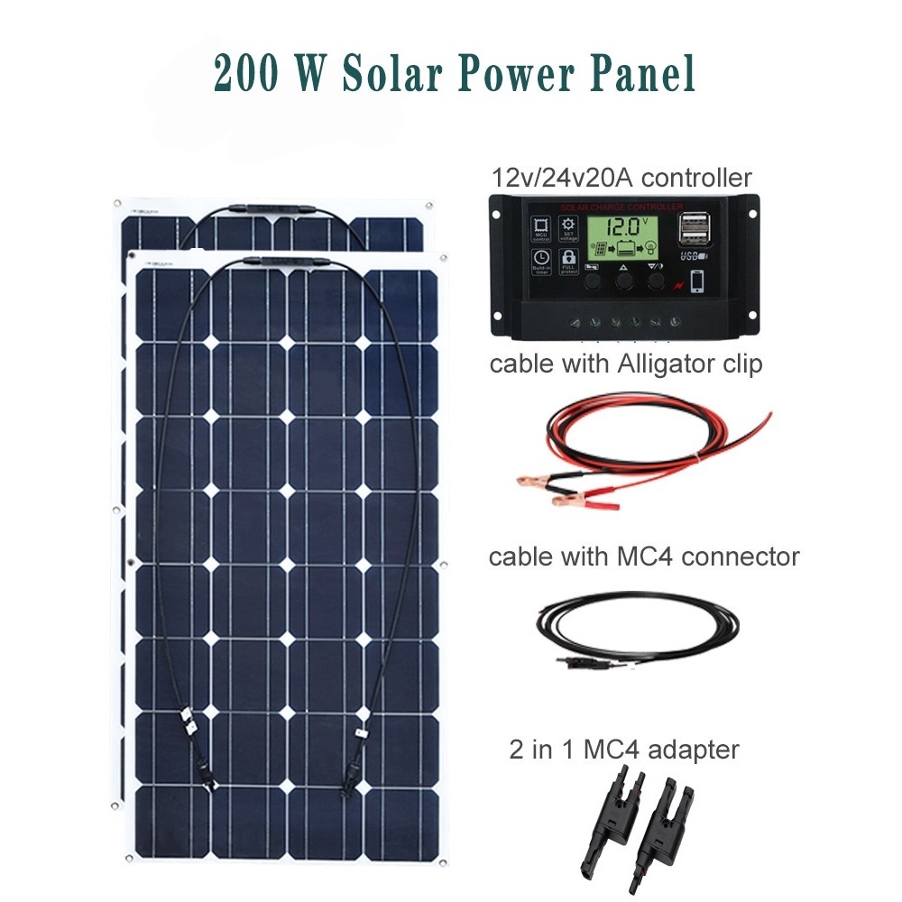 200W Solar Panel System 2Pcs 100W Flexible Solar Panels 20A Solar ...