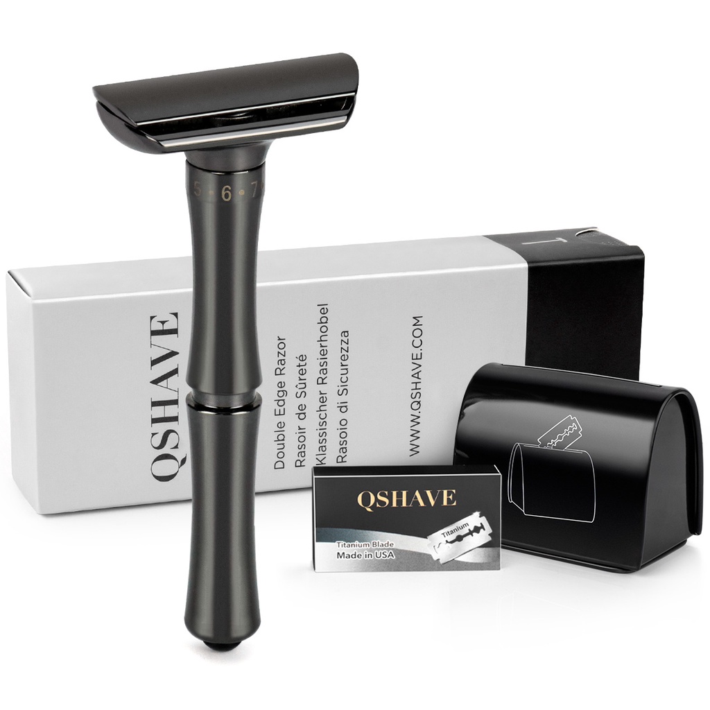 QShave Matte Black Adjustable Safety Razor Safer Press to Open Blade ...