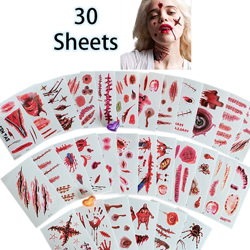 30 Sheet Halloween Face Fake Scar Temporary Tattoos Halloween Zombie Makeup Kit for Adults Kids