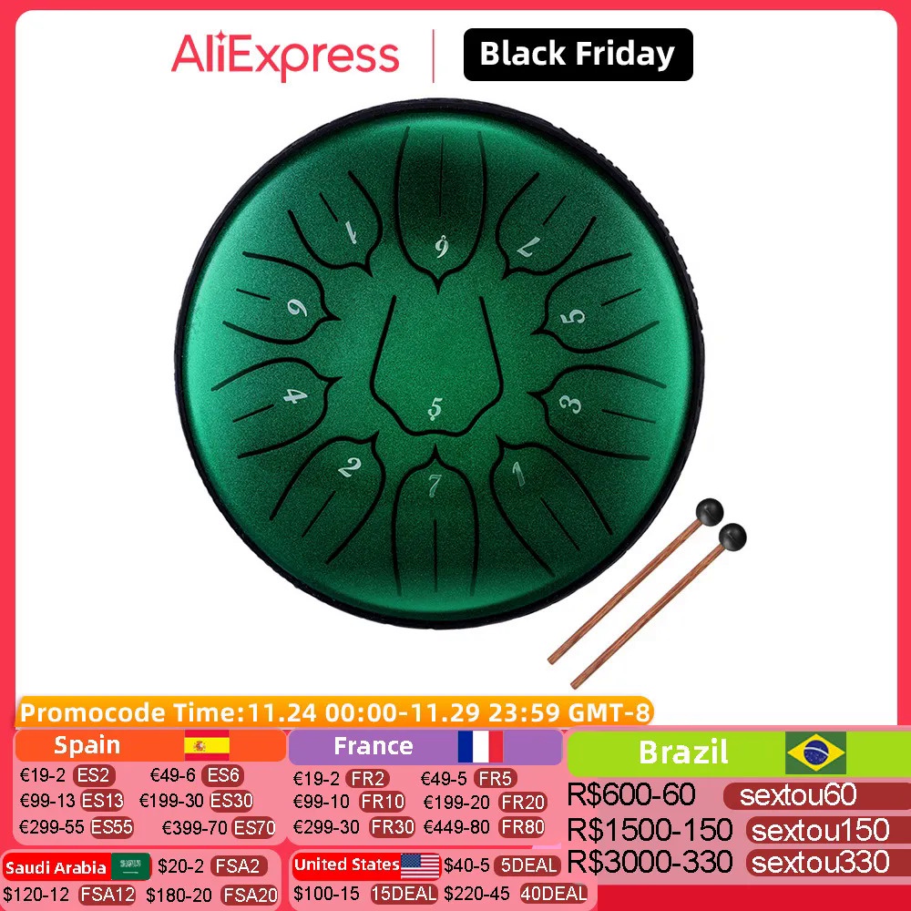 E0R4 6 inch 11Tone Steel Tongue Drum Hand Pan Drums with Drumsticks