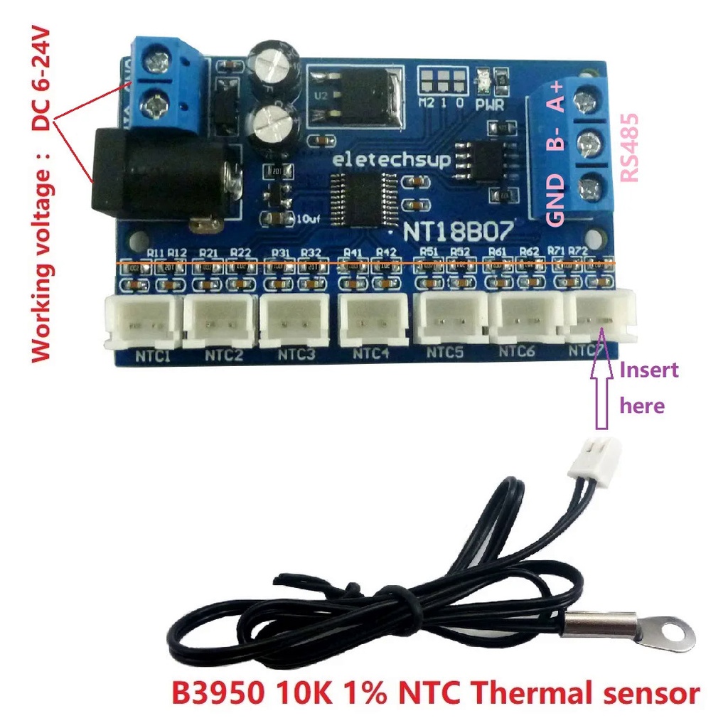 7CH DC 12V RS485 NTC Thermistor Temperature Sensor Modbus Rtu Remote ...