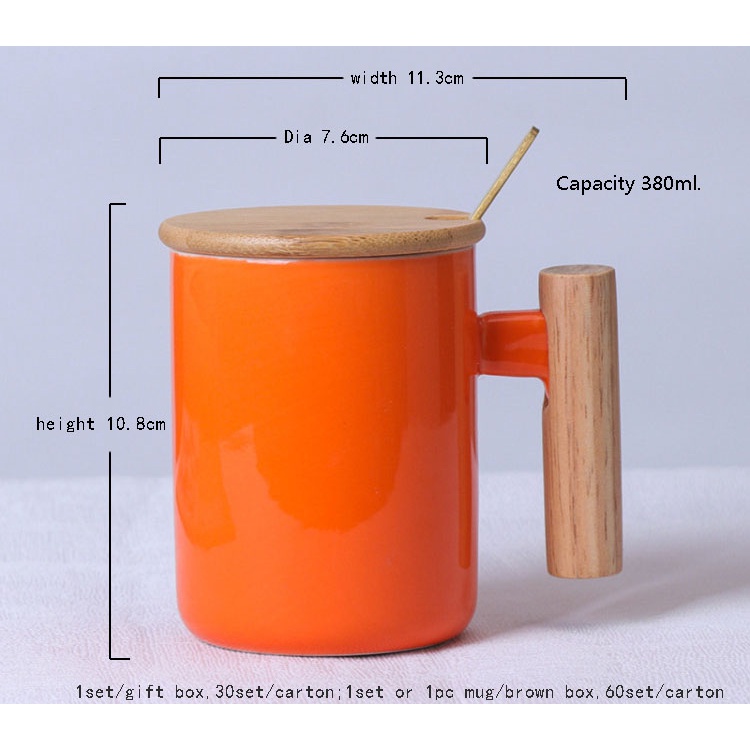 380ml Nordic Style Ceramic Coffee Tea Mug with Bamboo Wooden Lid and Handle (Free Golden