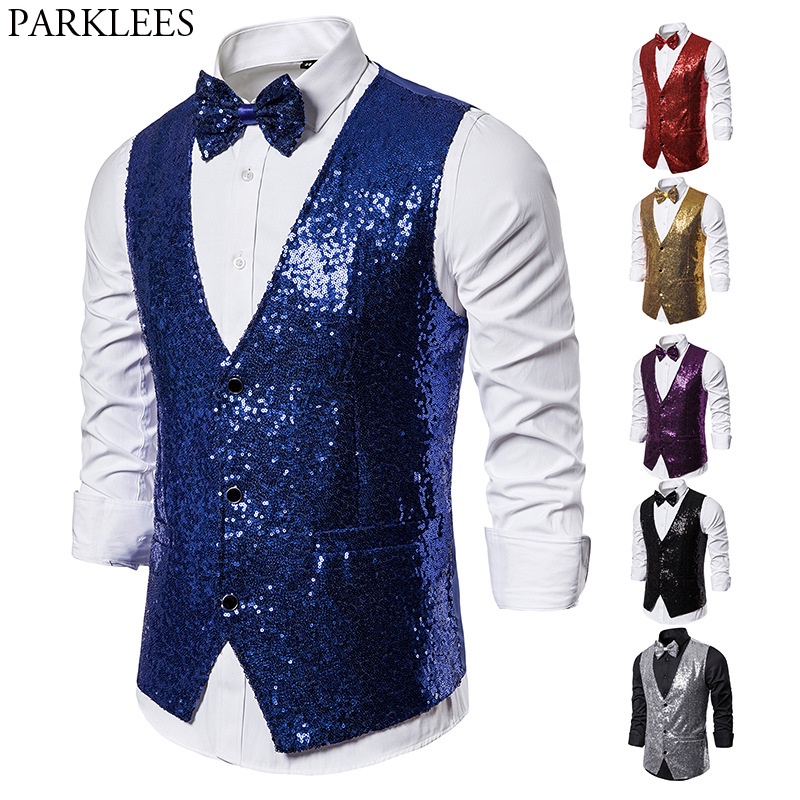 Suit Vests & Waistcoats(Shiny Royal Blue Sequin Dress Vests Men Slim ...