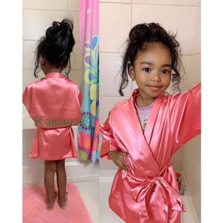 ⊰baby Girl Solid Color Pajamas Silk Satin Gown Sleepwear Plain Kimono 