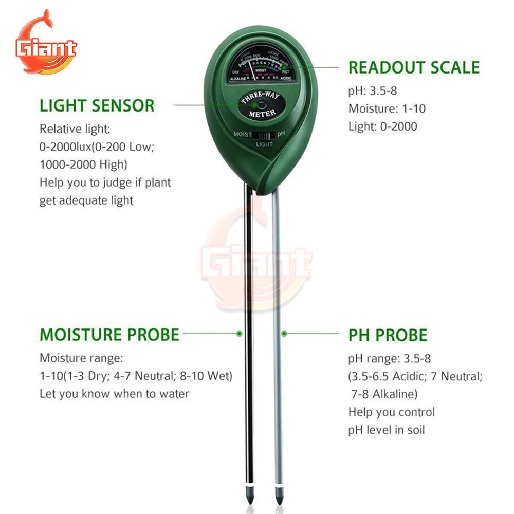 유3 in1 Soil Moisture Meter Moisture Sunlight PH Meter Moist Sensor ...