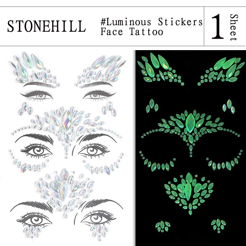 Luminous 3d Crystal Forehead Sticker Face Decoration Halloween Glitter ...