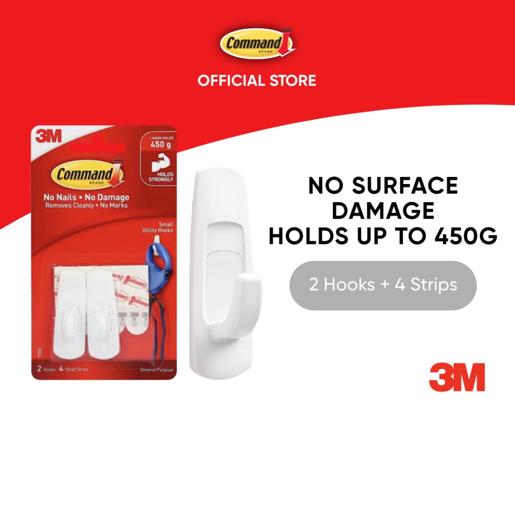 3M™ Command™ Utility Hooks, 17002, No Surface Damage, 2 hooks + 4 strips,  Small, For hanging items