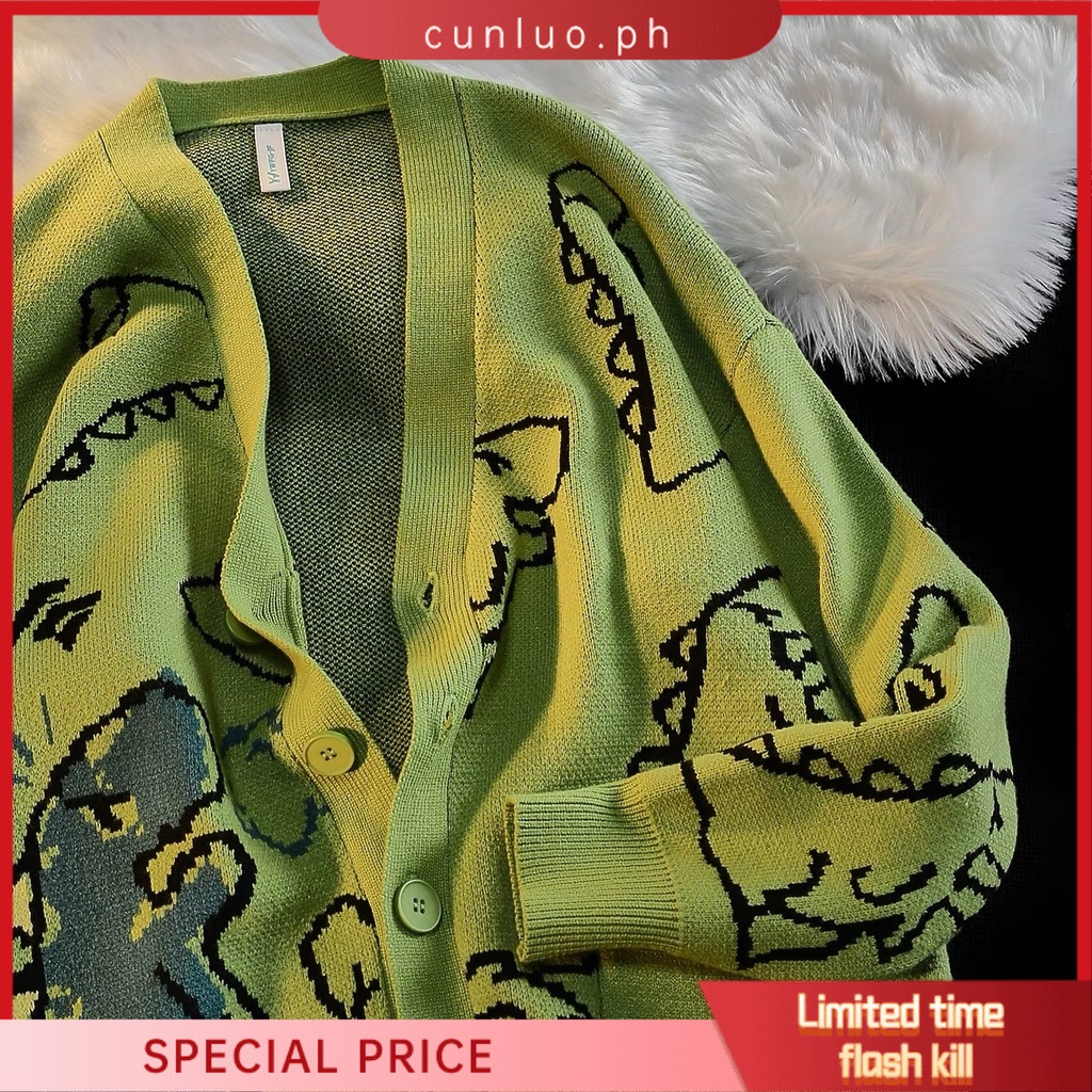 Harajuku Dinosaur Cardigan Men Sweater Black Vintage Oversized Cartoon