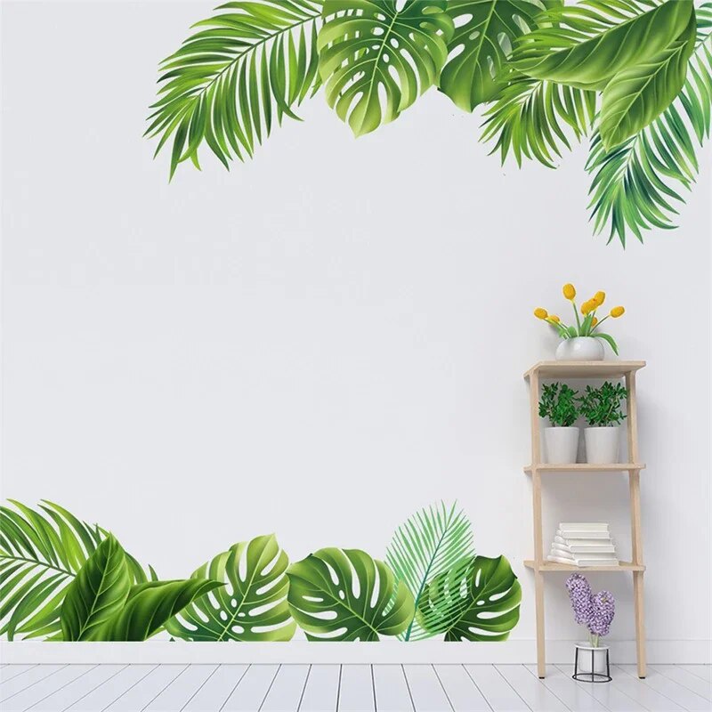 Nordic Green Leaf Wall Stickers PVC Green Tropical Leaf Plant Decal Art ...
