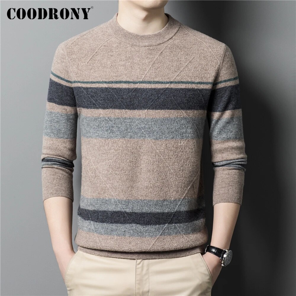 65p Coodrony Brand 100 Merino Wool O Neck Striped Knit Sweater Men Clothing Autumn Winter New 9848