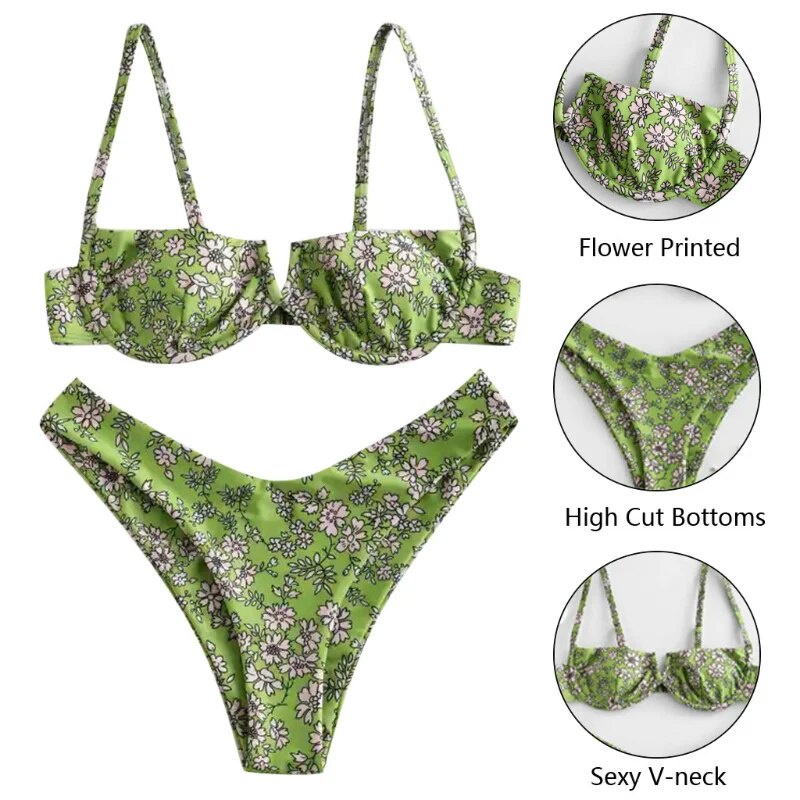 31w Women S Underwire Bikini Floral High Leg Bikini Set V Wired Two