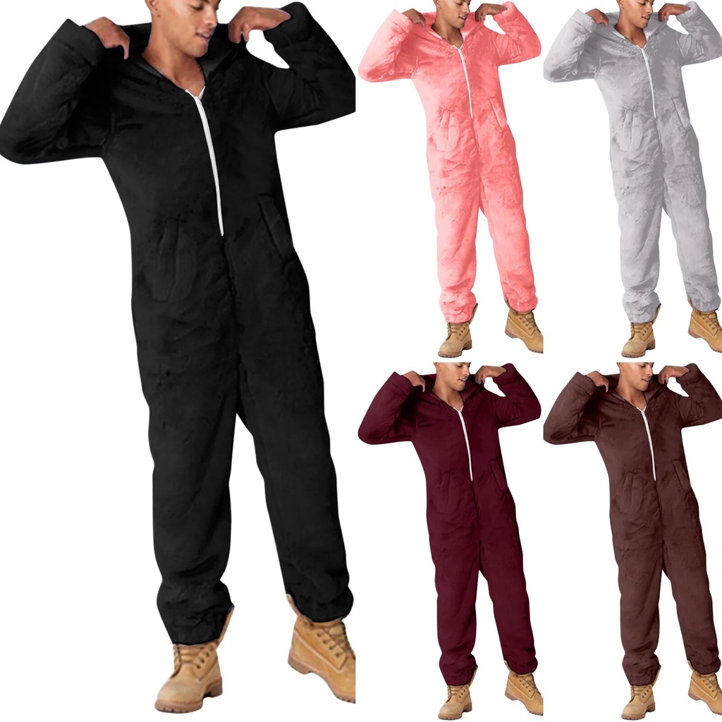 ☾Men Warm Teddy Fleece Onesie Fluffy Sleep Lounge Adult Sleepwear One ...