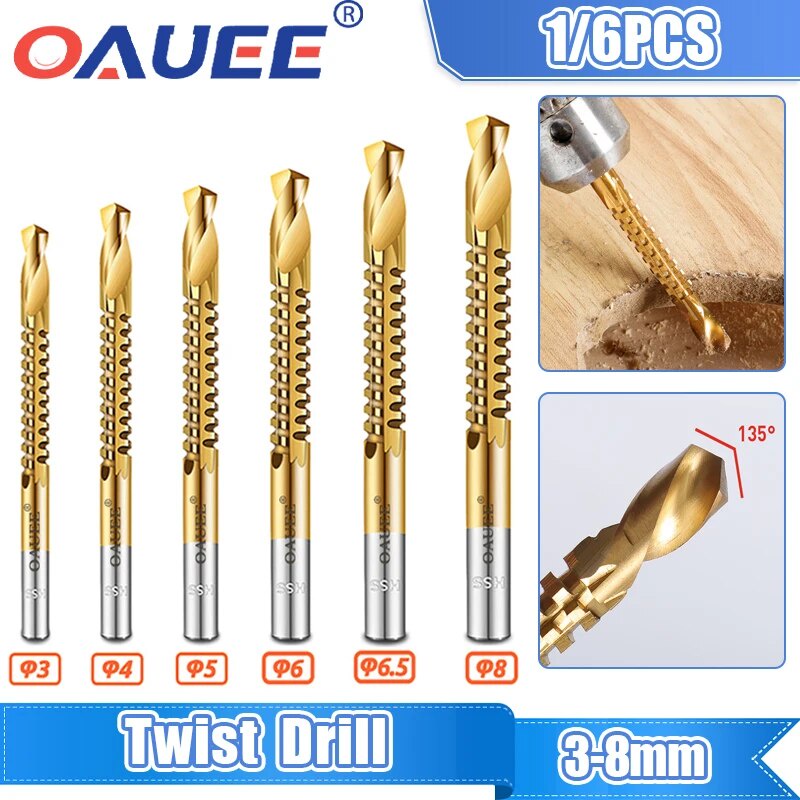 6Pcs Twist drill serrated Drill Bit Titanium Plated HSS Screw Thread ...