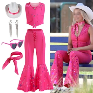 Pink Cowgirl Costume for Women,70 80s Hippie Disco Costume for Adult  Halloween Cosplay,Margot Robbie Cowgirl Outfit