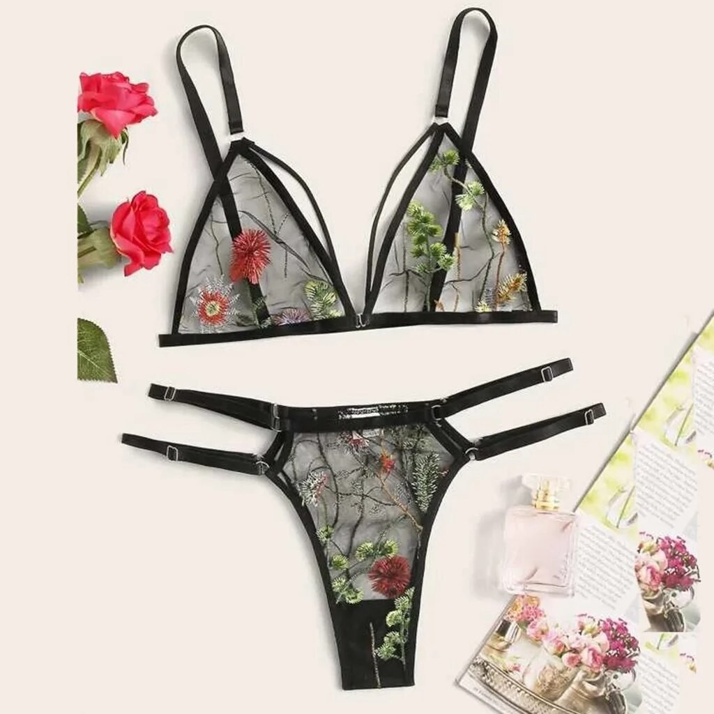 Women Lingerie Sets Underwear Embroidery Flower Lace Bra Thong Lingerie ...