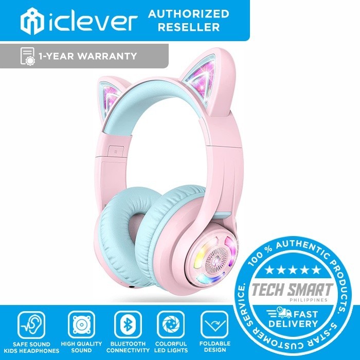 iClever BTH13 Cat Ear Kids Bluetooth Headphones, Safe Sound, LED Light