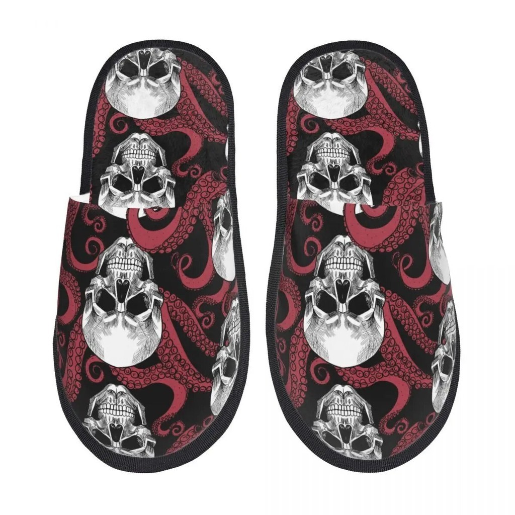 389 Skull And Red Octopus Tentacles Indoor Slippers Furry Home Slipper ...