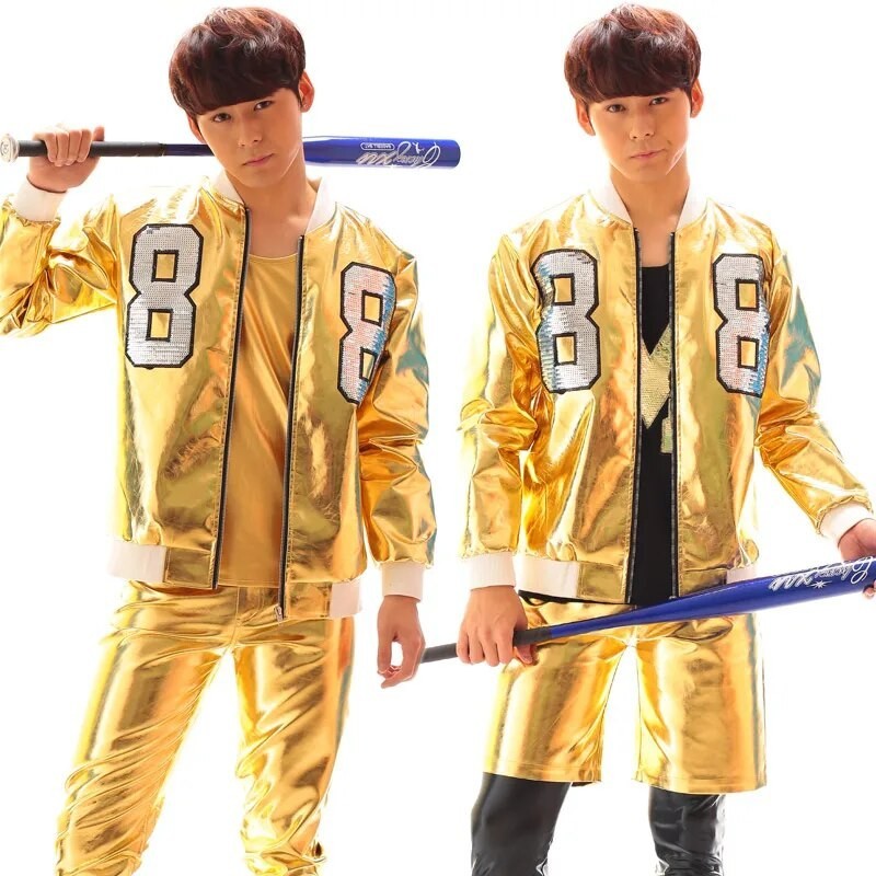 (Jacket+pants)Punk Style Male Fashion Gold Leather Motorcycle Jacket