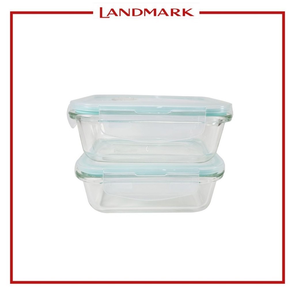Edge Glass Rectangular Food Keeper 370ml Set of 2 - Green 16 x 12.75 x ...
