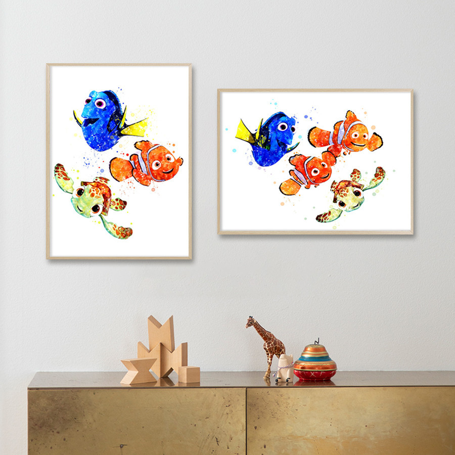 ♝Finding Nemo Watercolor Art Print Cartoon Dory Squirt Turtle Poster