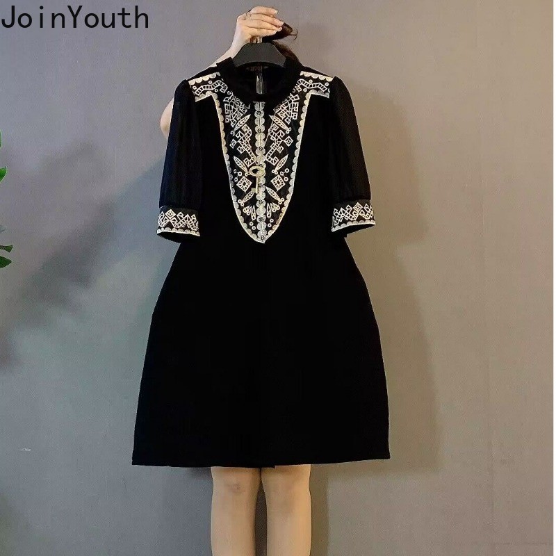 Summer Dresses for Women Short Sleeve Tunic Embroidery Floral Robe ...