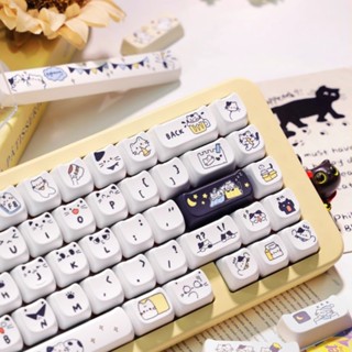 웃echome Cow Cat Theme Keycap Set Pbt Custom Cute Black And White Kitten 