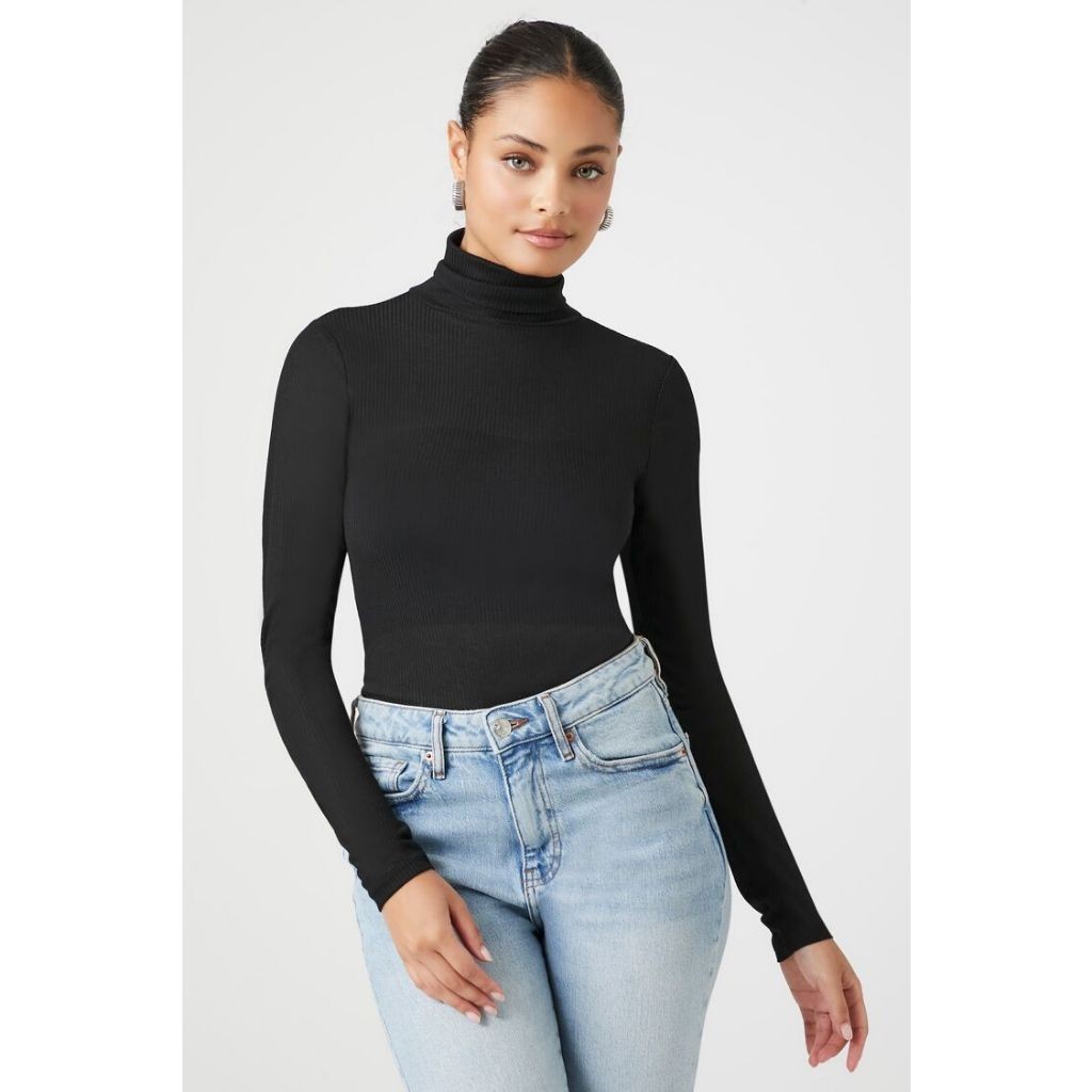 Forever 21 Black Ribbed Turtleneck Crop Top
