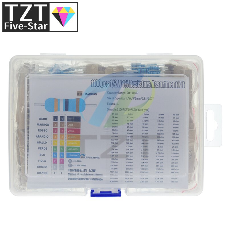 1100pcs 1/2W Metal Film Resistor Kit 1% 0.1 ohm - 2.2M 110 ValuesX10pcs ...