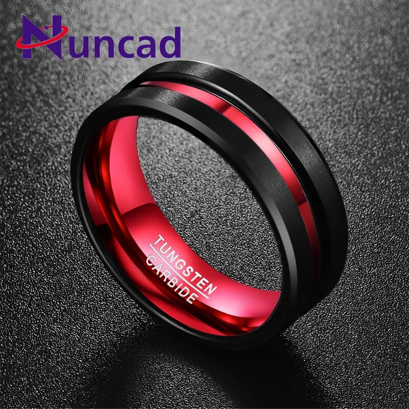 52a Nuncad 8MM wide Never Fade Tungsten Steel Rings Groove Red Men s