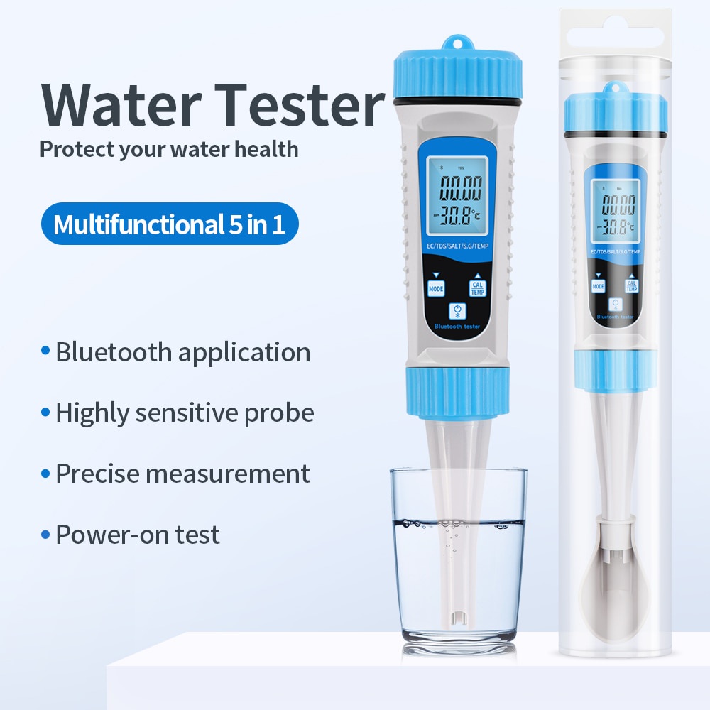 5 in 1 Water Quality Tester Bluetooth EC TDS SALT SG TEMP 2 Calibration ...