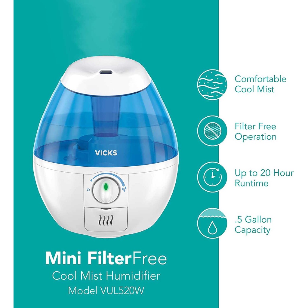 Vicks Mini FilterFree Cool Mist Humidifier for Small Room Size Up to