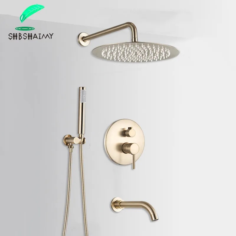 Brushed Gold Shower Faucet with Box Shower Set Wall Mounted Round