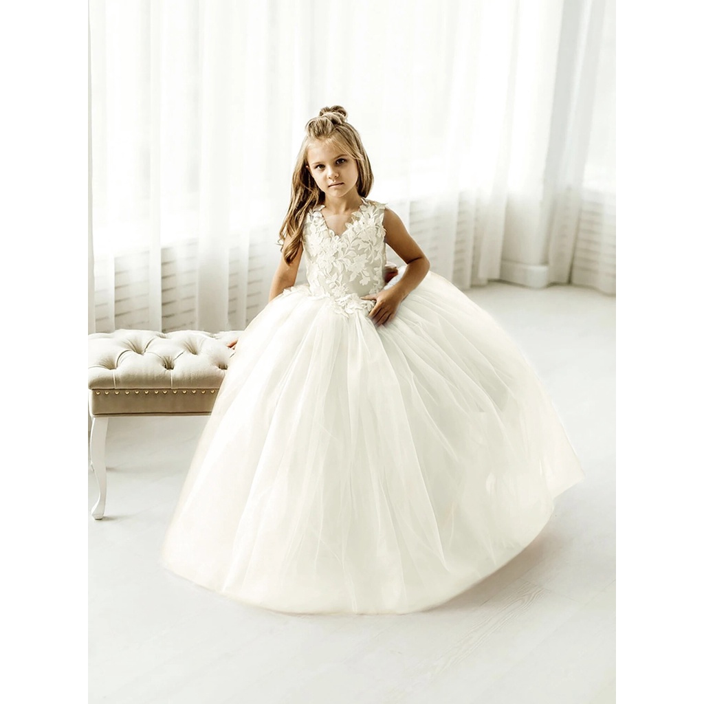 Ball Gown Scoop Puff Sleeves Bow Christmas Dresses for Girls
