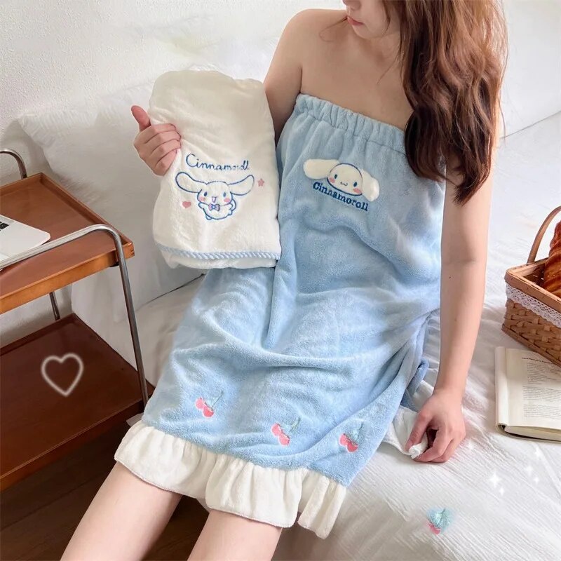 ☋Cinnamoroll Sanrio Bathroom Wearable Bathrobe Towel Kawaii Anime Coral Fleec Quickdrying Adult