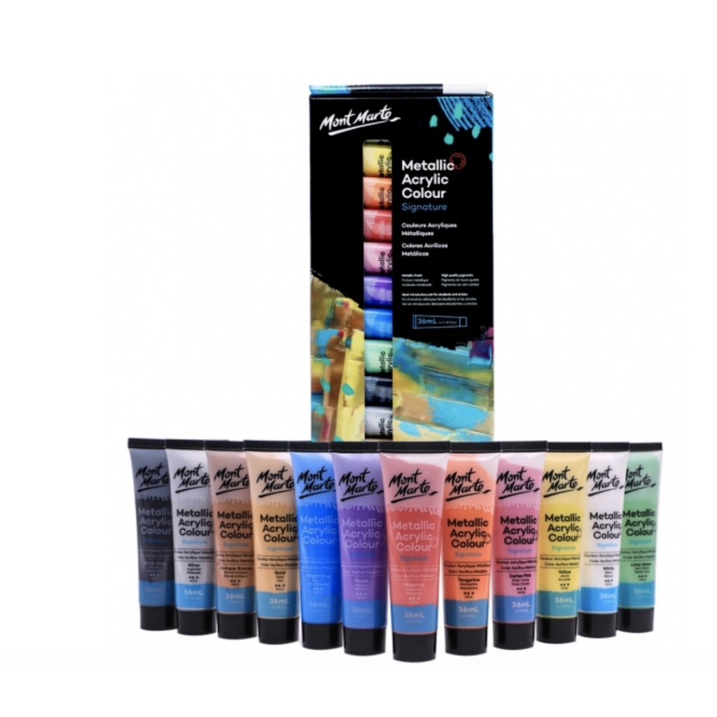 Mont Marte Signature Metallic Acrylic Colour Paint Set 12pc x 36ml 12oz ...