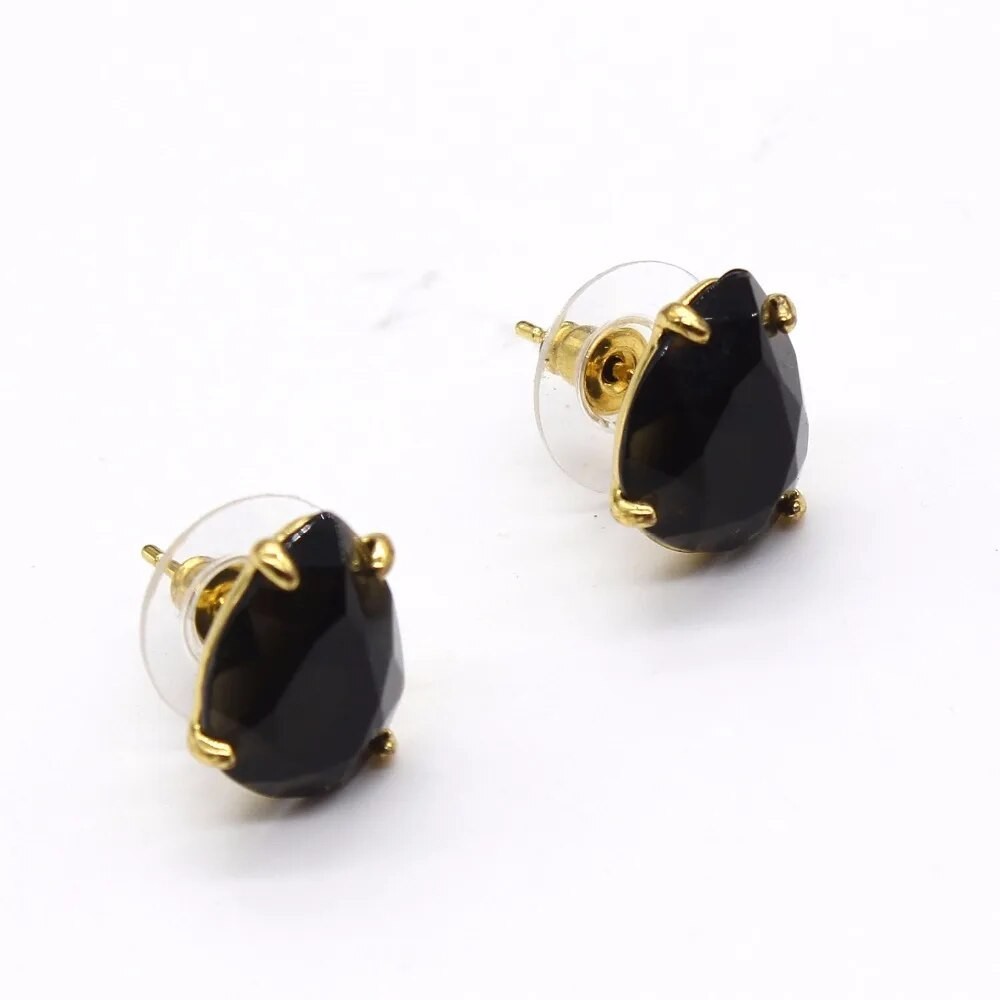 100Unique 1 Pair Light Yellow Gold Color Water Drop Black Agates Stud