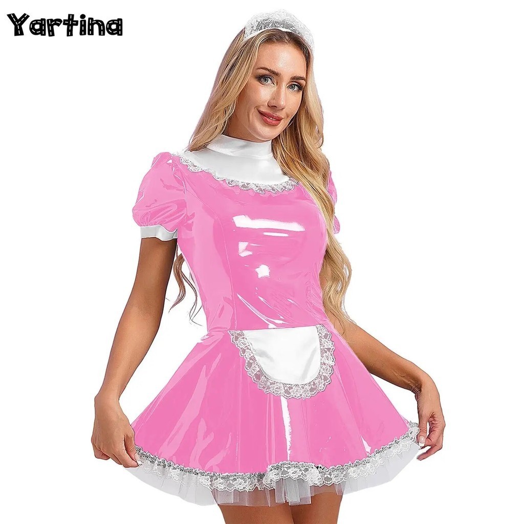 Womens Glossy Patent Leather French Maid Uniform Dress with Lace ...