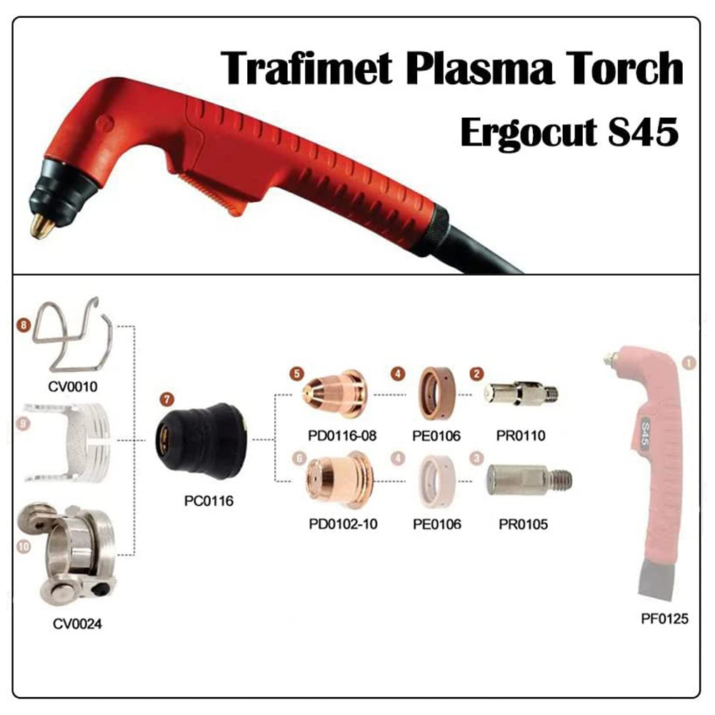 S25 S45 Plasma Cutter Torch Consumable PR0110 Electrode PD0116 08 Tips