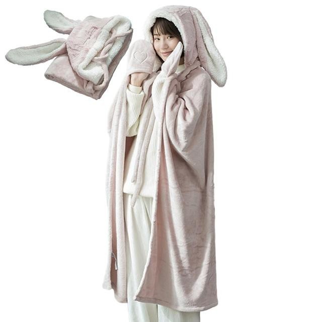 ♡Warm Wearable Hoodie Blanket Wearable Bunny Ear Blanket Comfortable ...