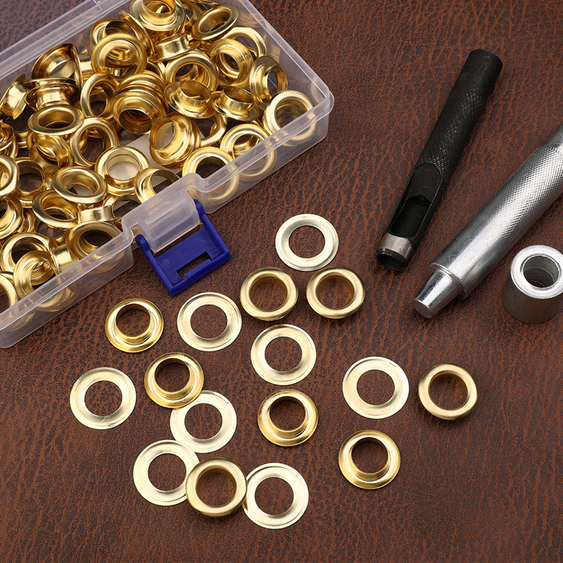 ☹TLKKUE 100Set Brass Eyelet Kit Scrapbook Grommet Eyelets Hole Metal