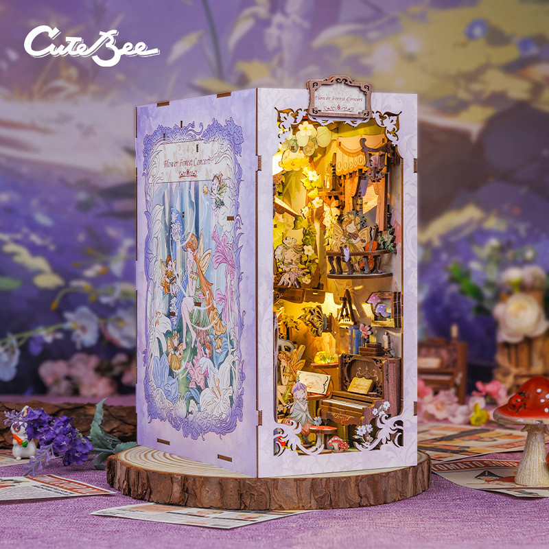 CUTEBEE DIY Book Nook Wooden Dollhouse with Light Dust Cover Bookshelf ...