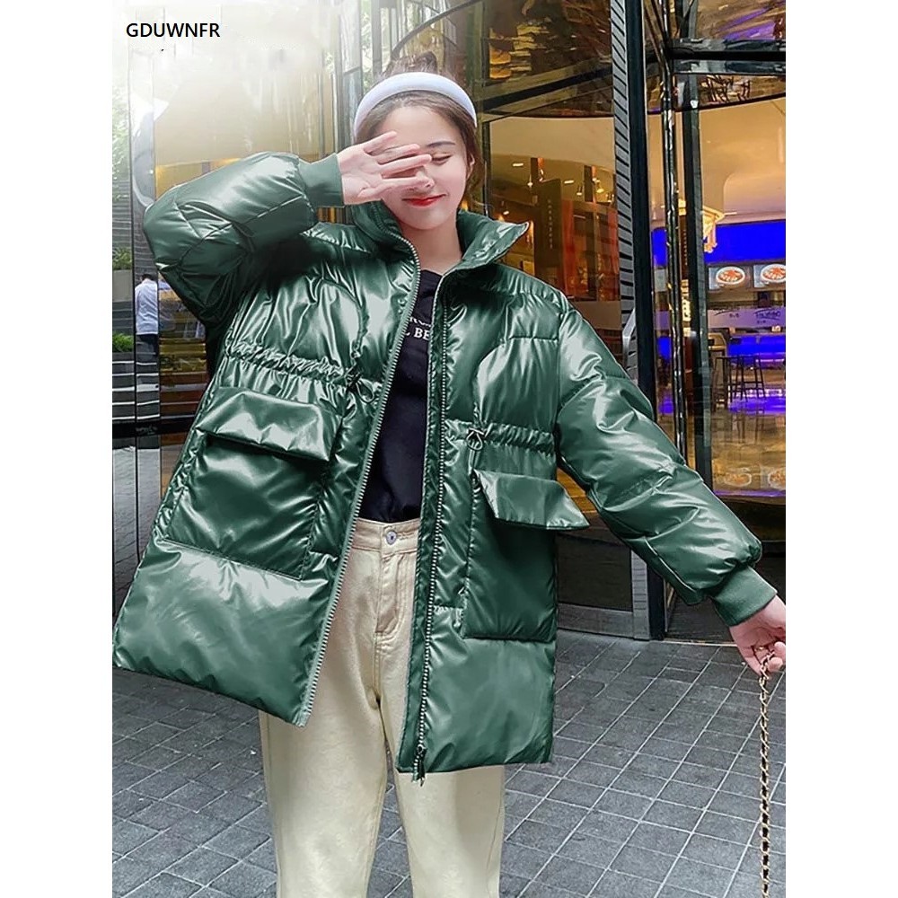 ☮2023 Glossy Women Winter Long Parkas Stand Collar Warm Thick Padded ...