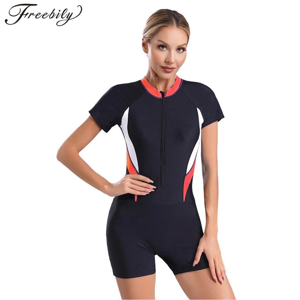 Women Short Sleeve Boyleg Bottom Zipper Swimwear UPF 50 Rash Guard Swimsuit Bathing Suit Summe Shopee Philippines