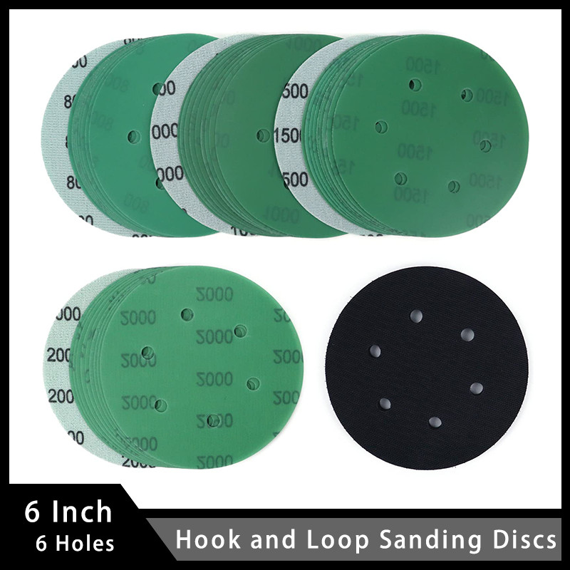 ☢40 Pcs 6 Inch Hook and Loop 6 Holes Wet Dry Sanding Discs with
