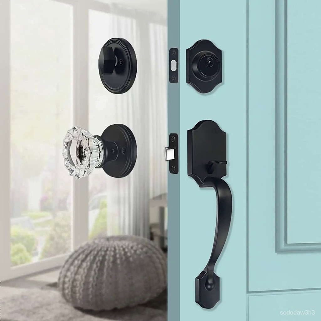 Black Front Door Lock Set with Single Cylinder Deadbolt and Crystal ...